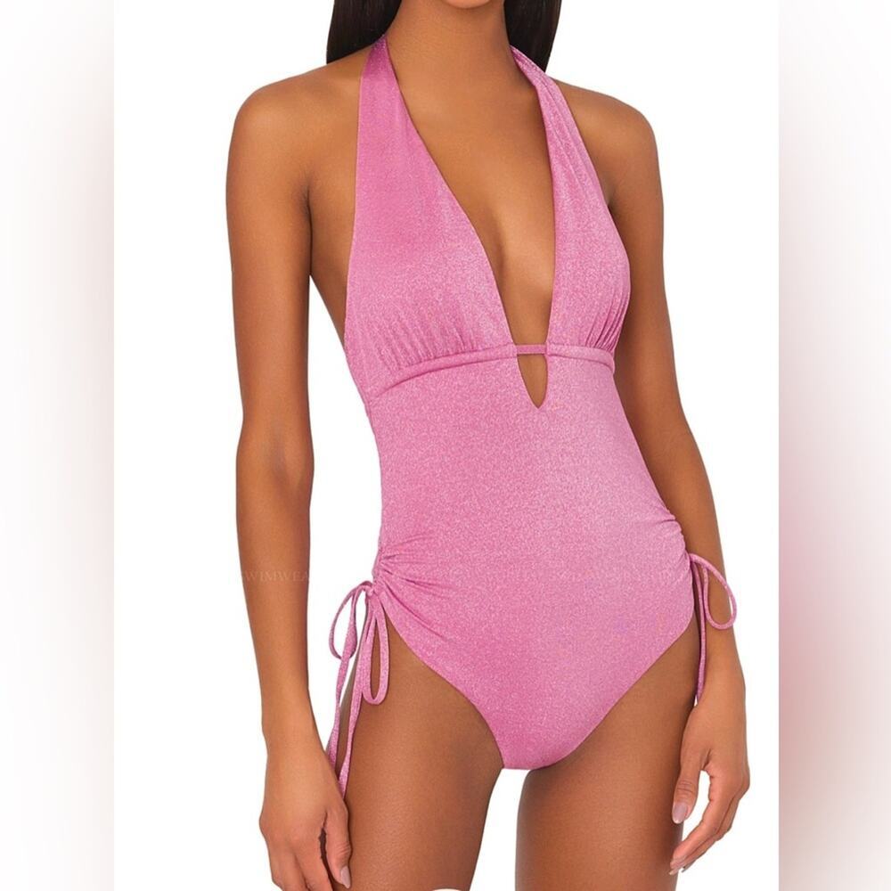 Milly $325 Shimmer Halter One Piece Swimsuit Plunge V-Neck Pink Small NWT
